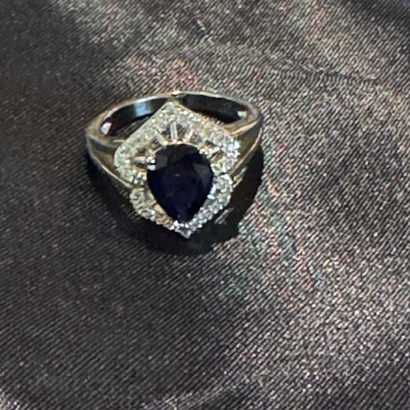 18K White Gold-Finished Brass Sapphire & DiamondAura® Ring Pear-Cut Blue 2ctw 💎 - Picture 2 of 2